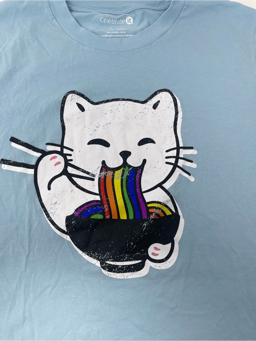 Celebrate It Light Blue Cat Rainbow Ramen Graphic Tee Shirt